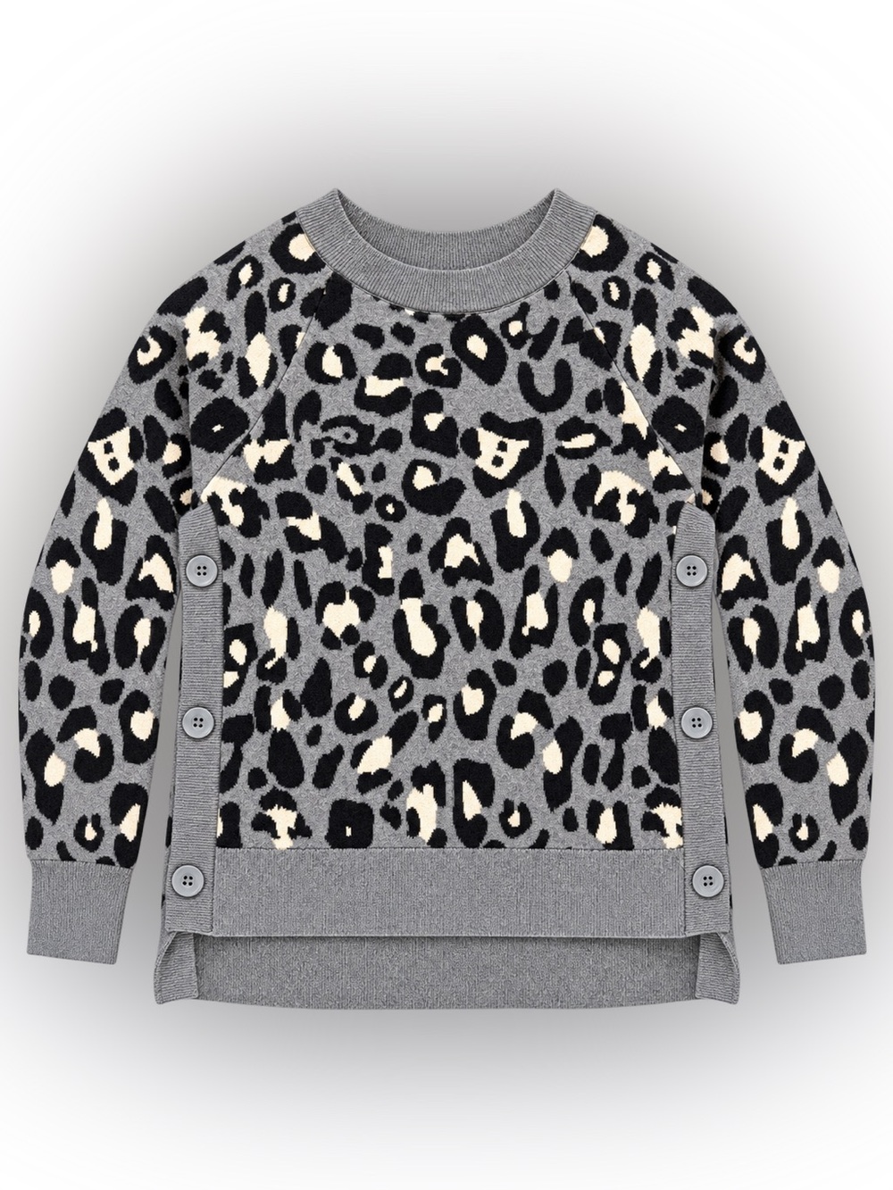 Stella & Dot Gray, Black & Cream Leopard-Print Button-Side Sweater